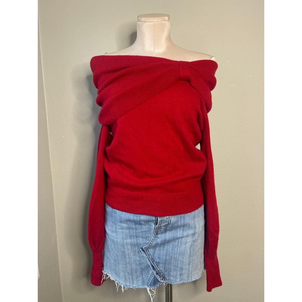 Neiman Marcus Cashmere Sweater Red Bow Off Shoulder Portrait Neckline Small